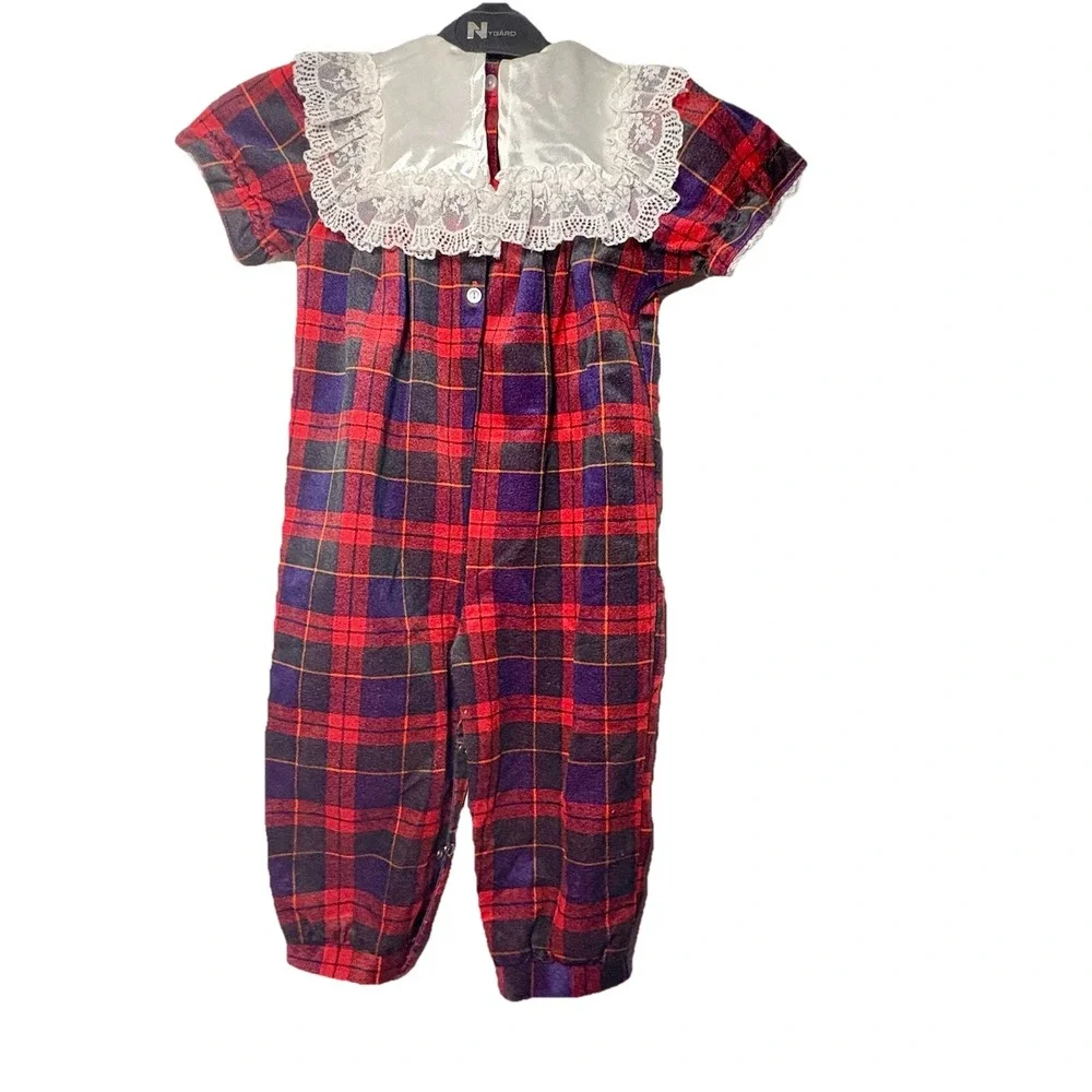 VTG Romper Flannel Jumpsuit‎ With Lacy Collar Sz 24 Mo Red Plaid